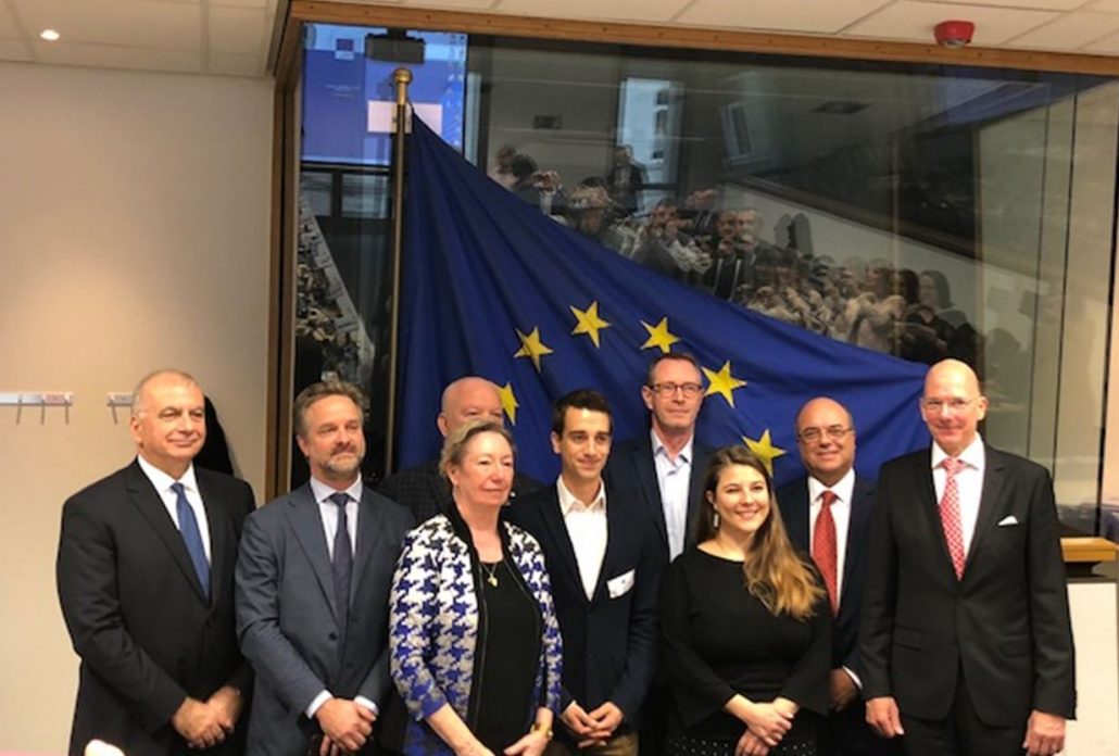 From left to the right Michael Kammas (EBF-BCESA Vice Chairman), EBF Sebastien de Brouwer (EBF Chief Policy Officer), Angelo di Cristo (UNI Finance Head of Departments), Pia Desmet (UNI Europa Finance Vice-President), Sebastian Stodulka (Head of Regulatory Affairs at ESBG), Michael Budolfsen (UNI Europa Finance President), William Portelli (UNI Europa Finance Coordinator of the Banking Social Dialogue), Jens Thau (EBF-BCESA Chairman), Maureen Hick (UNI Europa Finance Director)